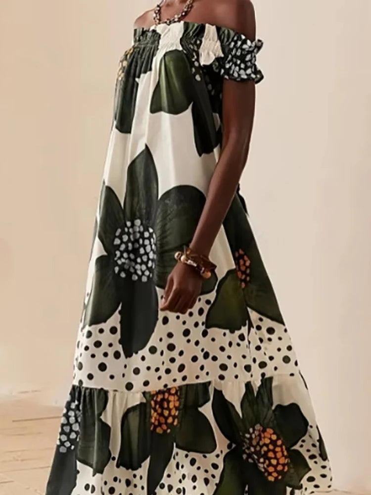 Sexy Off Shoulder Hight Waist Holiday Dress Fashion Pattern Print Loose Party Dress Women's Casual Short Sleeve Bohe Long Dress