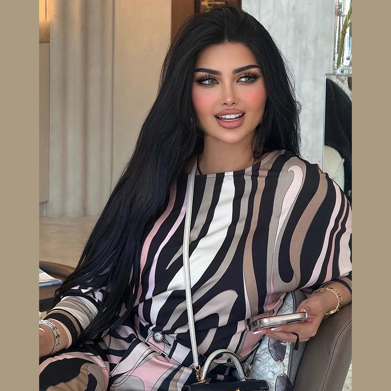 Geometric Print Top pant suits Women two pieces set round neck long sleeve Blouse loose pant Vacation Beach vacation pant outfit