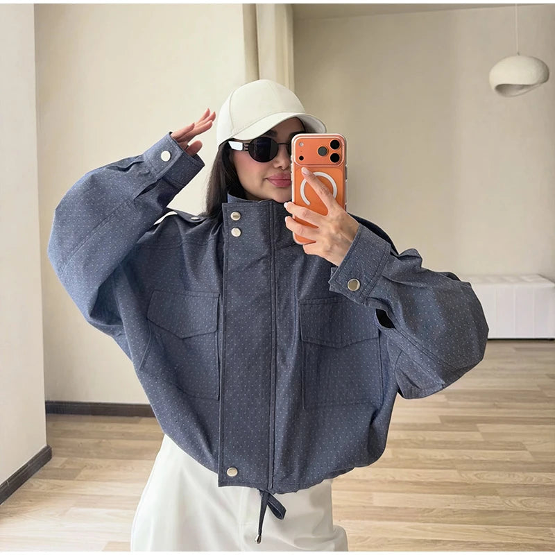 Casual Cropped Jacket With Stand Collar and Drawstring Hem for Women