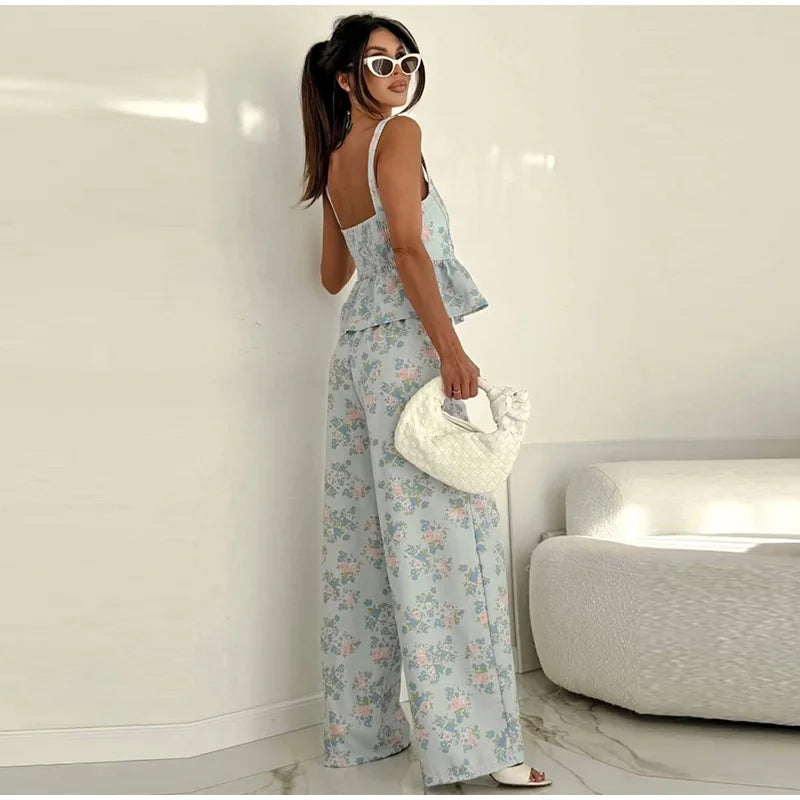 Floral Print Ruffle Wide Leg Pants Two Piece Set For Women