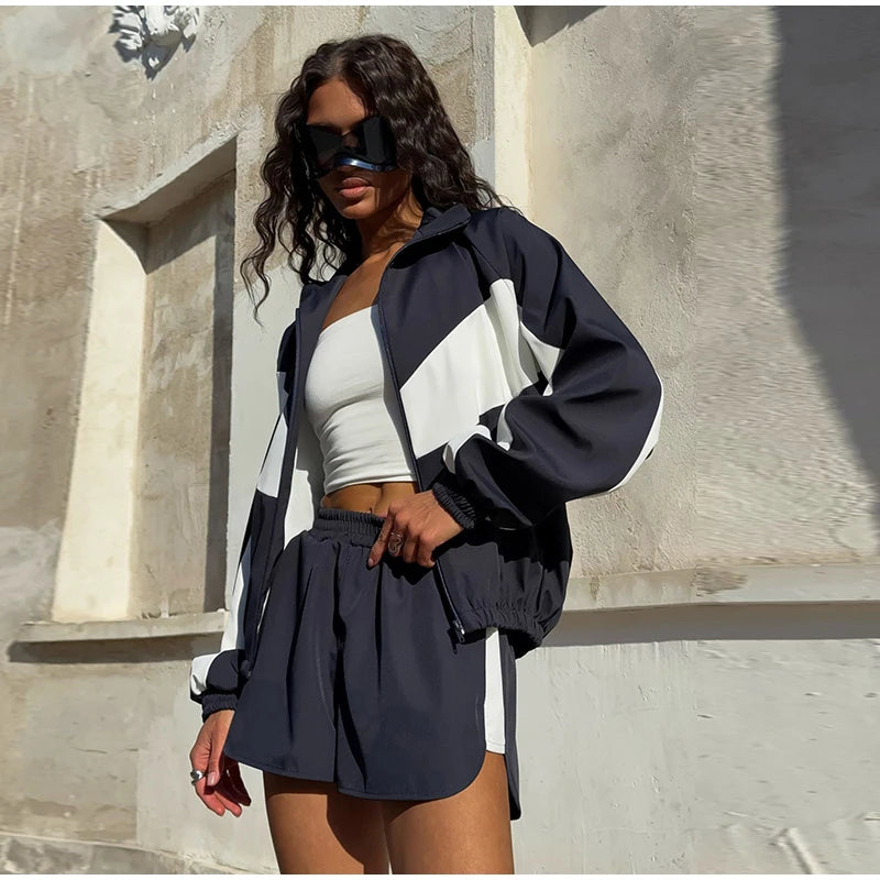 Color Block Zip Jacket and Shorts Tracksuit for Women