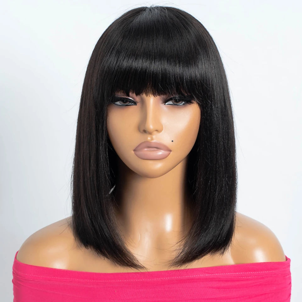 Short Brown Pixie Bob Human Hair Wig With Bangs for Women