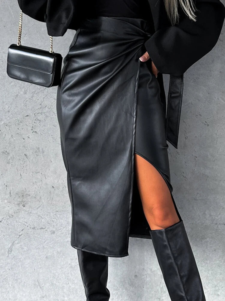 High Waist Lace-Up Faux Leather Midi Skirt for Women