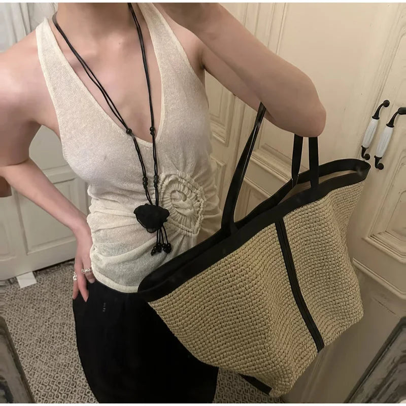 New Brand Woven Women's Tote Bag Large Capacity Splice Versatile Woven Beach Bag Fashion Single Shoulder Straw Bag Underarm Bag
