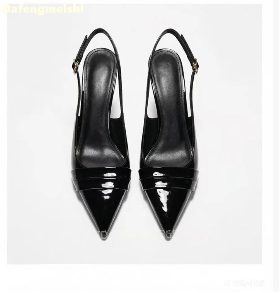 Nude Patent Leather Pleated Pointed Toe Slingback Pumps For Women