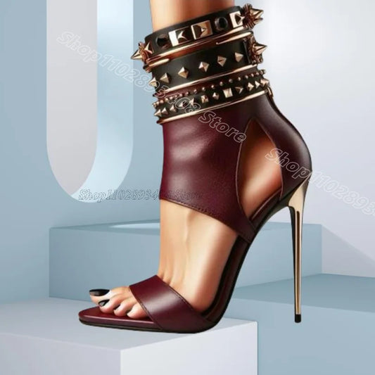 Crimson Rivet Stiletto Sandals