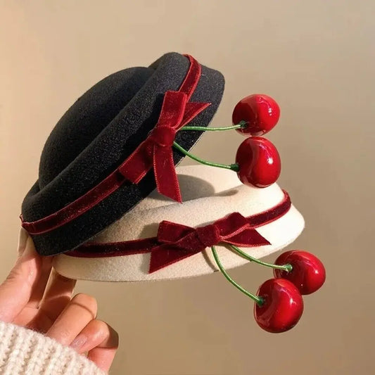 Cute Bow Tie Cherry Beanie Hat Velvet Round Hat Hair Clip French Style Headwear Women Hairpin Party Hair Accessories Dress Up