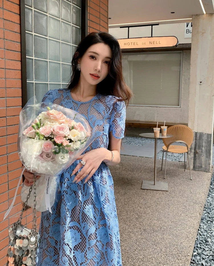 High-end Blue Heavy Lace Hollow Round Neck Short Sleeve Women's Summer Dresses New Elegant High Waist Slim Long Party Dress