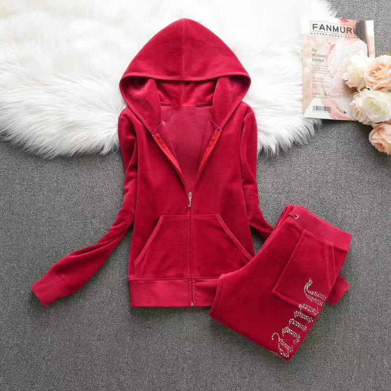 Y2K Velvet Rhinestone Two Piece Tracksuit Set for Women