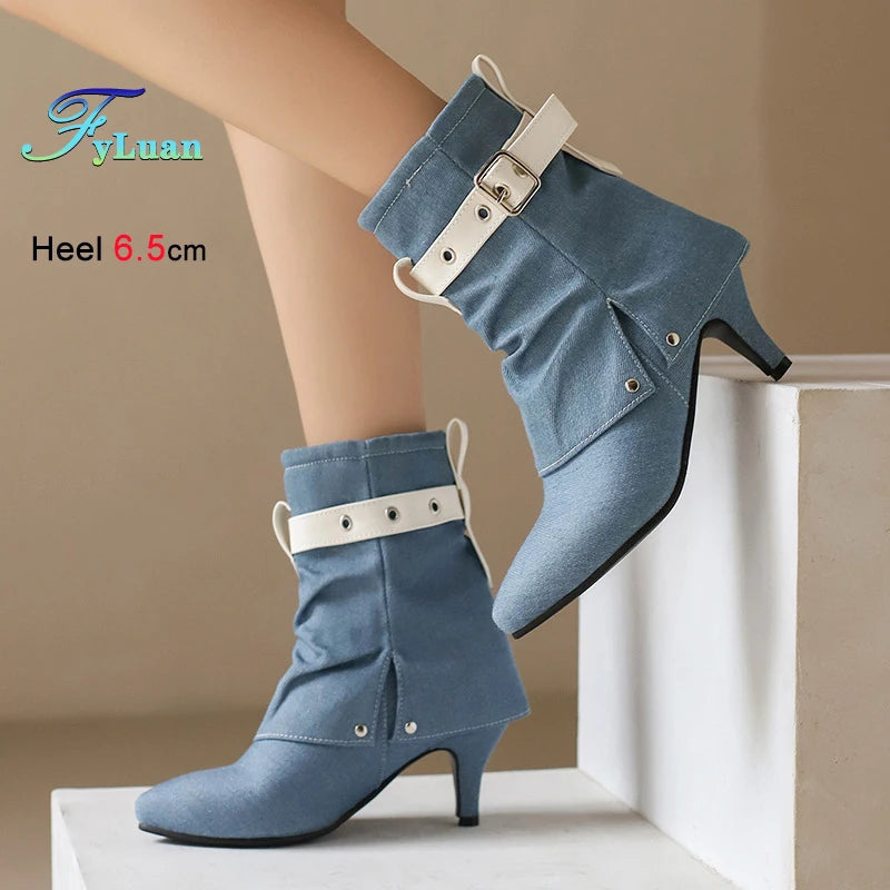 Western Style Denim Autumn Pointy Toe Ankle Boots With Belt Buckle for Women