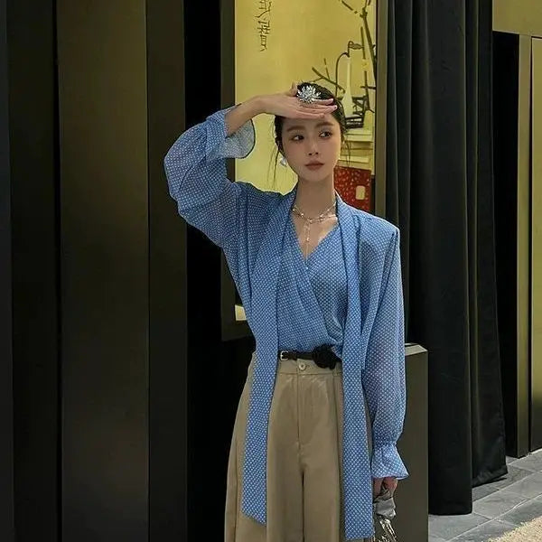 Long Sleeve Blue Polka Dot V Neck Chiffon Sun Protection Shirt for Women