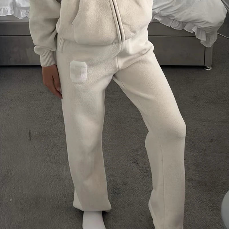 Letter Print Hooded Two Piece Set With Wide Leg Pants for Women