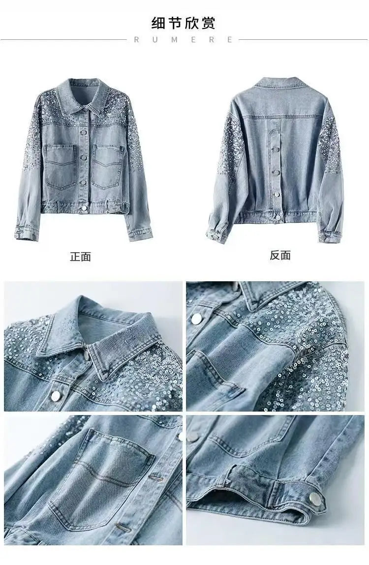 Sequin Embellished Short Denim Jacket for Women with Pockets