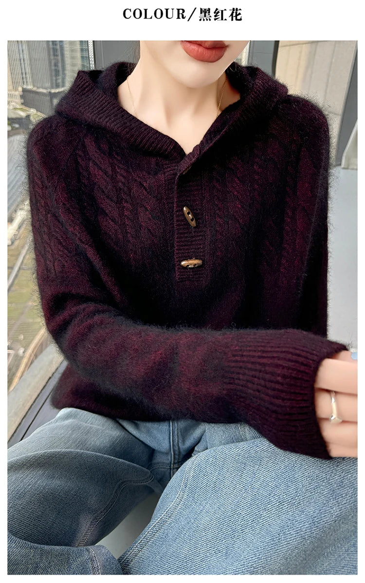 Chunky Knit Loose Hooded Pullover Sweater for Women