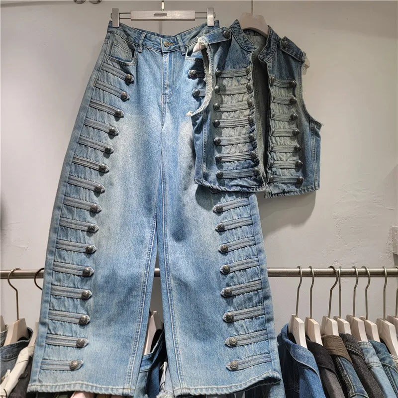 Classic Double Breasted Denim Two Piece Set For Women