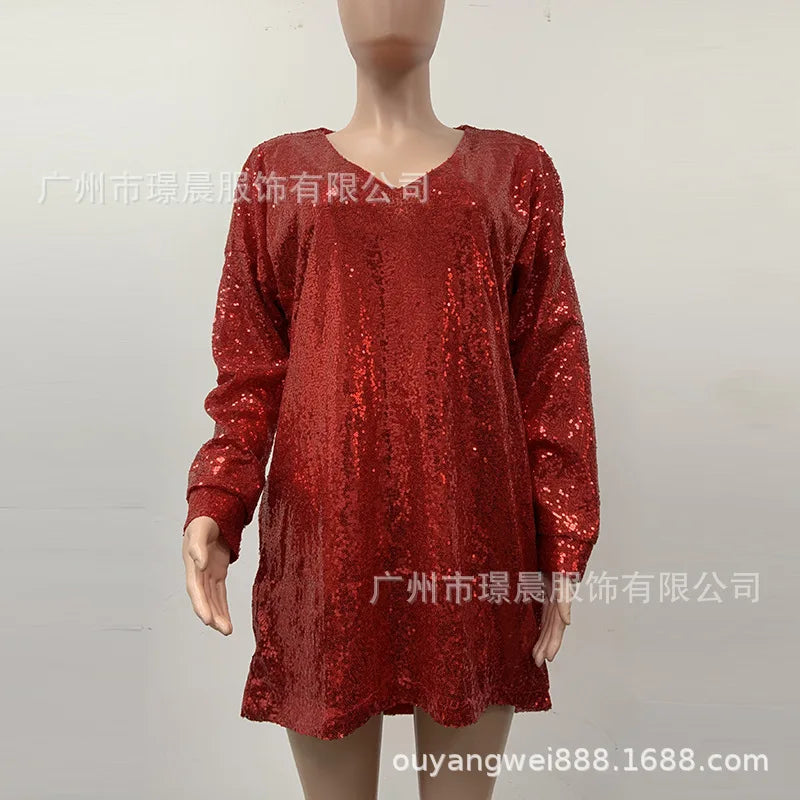 Chic Solid Color Sequin Long Sleeve Mini Dress for Women