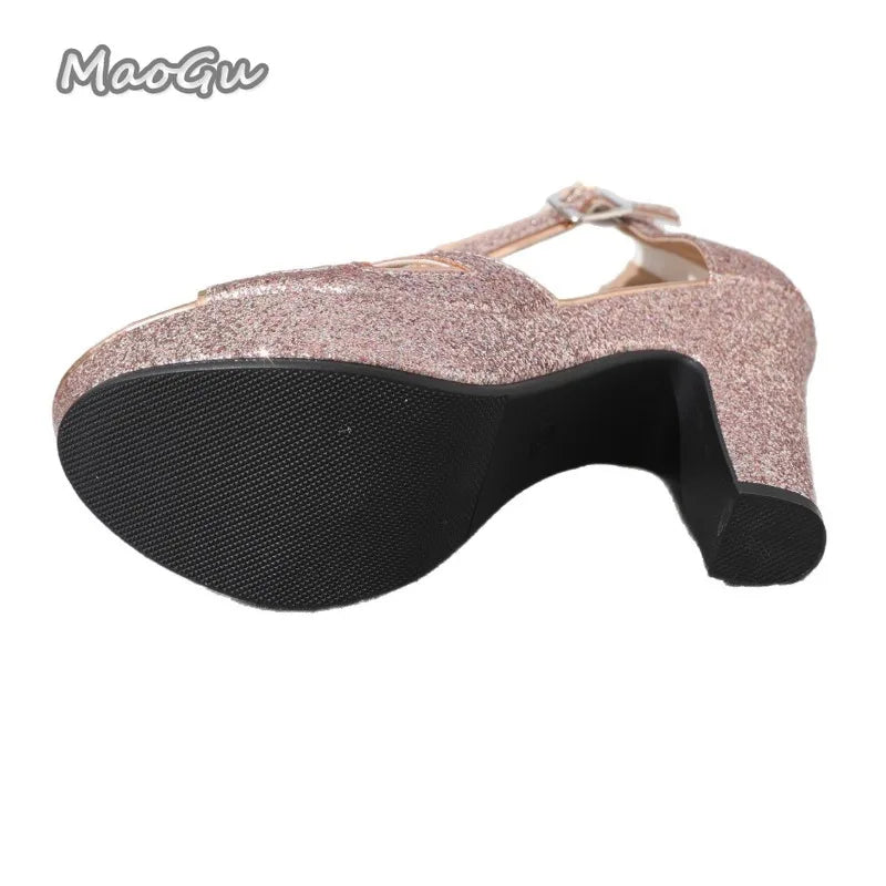 Glitter Pink Peep Toe Sandals With Ankle Strap for Women