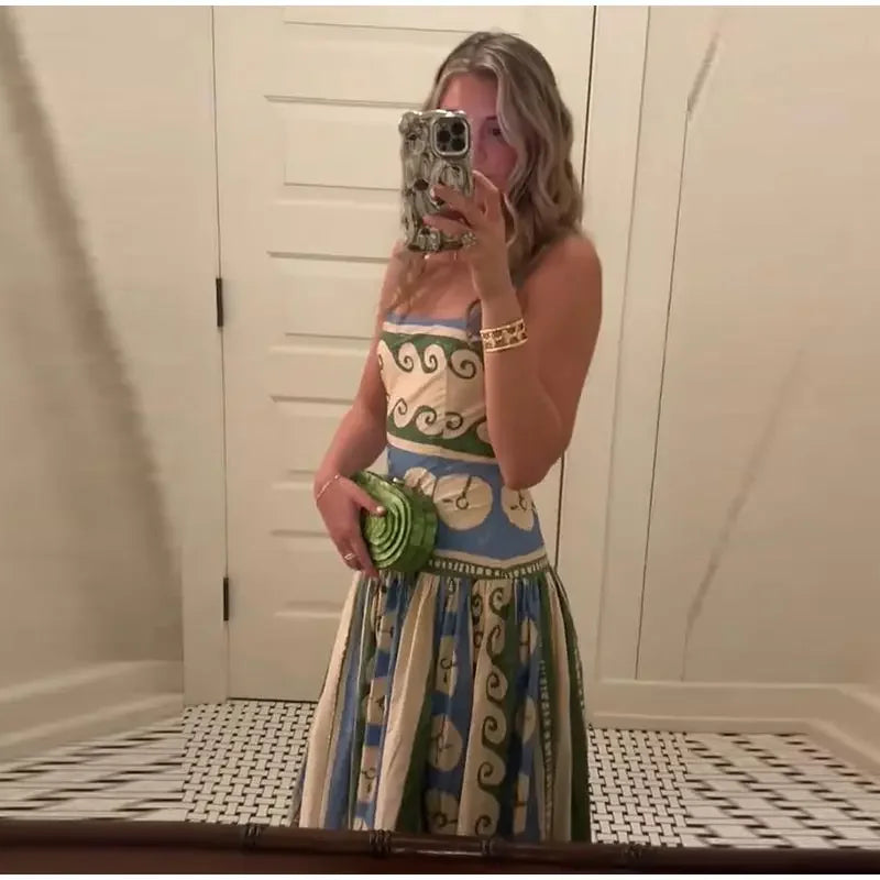 Printed Sleeveless Backless V Neck Midi Dress for Women