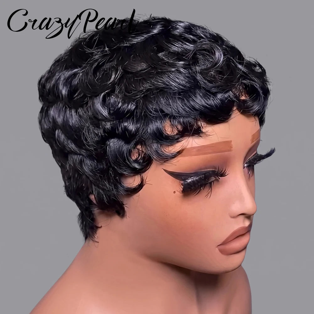 Glueless Short Curly Pixie Cut Human Hair Wig for Women