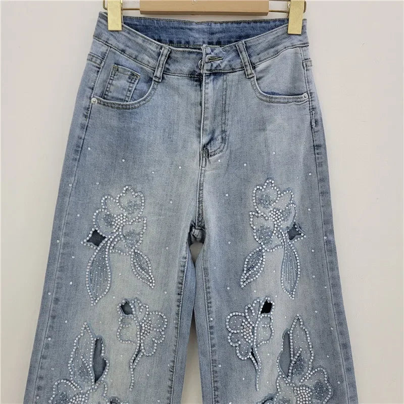 Fashion Women's Jeans High Waist Embroidery Flowers Burrs Edge Straight Wide Leg Denim Pants New 2025 Summer Street Trousers