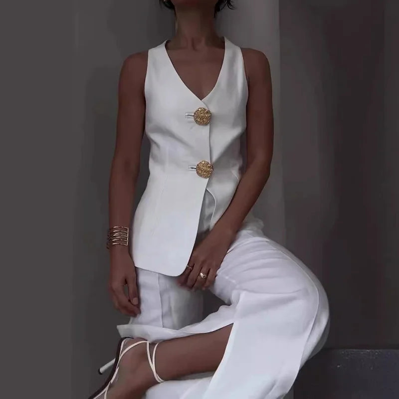 Women Summer Cardigan Top Chic Outfit, Solid Patchwork Wide Leg Pants Matching Sets, Sleeveless V Neck Ladies Suits Streetwear