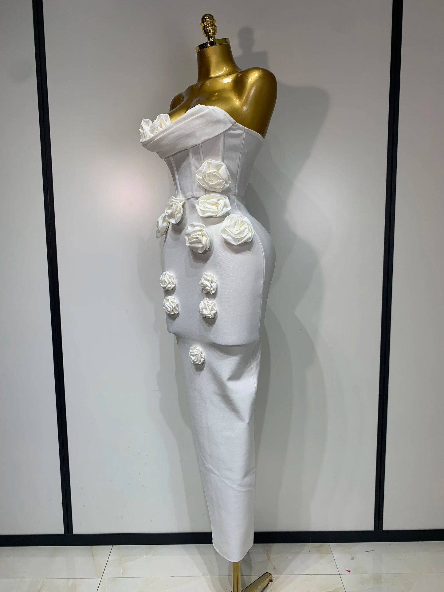 2025 Newest Women Sexy Strapless Backless Red Flower Midi Bandage Dress Celebirty Elegant Evening Club Party Birthday Dresses