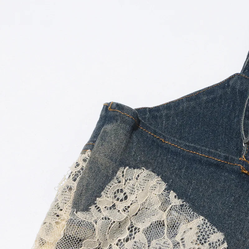 ANJY Summer New Women Y2K Streetwear Ins Fashion Sexy Hot Lace Patchwork Denim Camisole Vest Casual Drawstring Fifth Pants A7219