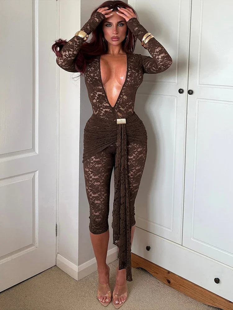 Low Neck See Through Jacquard Long Sleeve Romper for Women