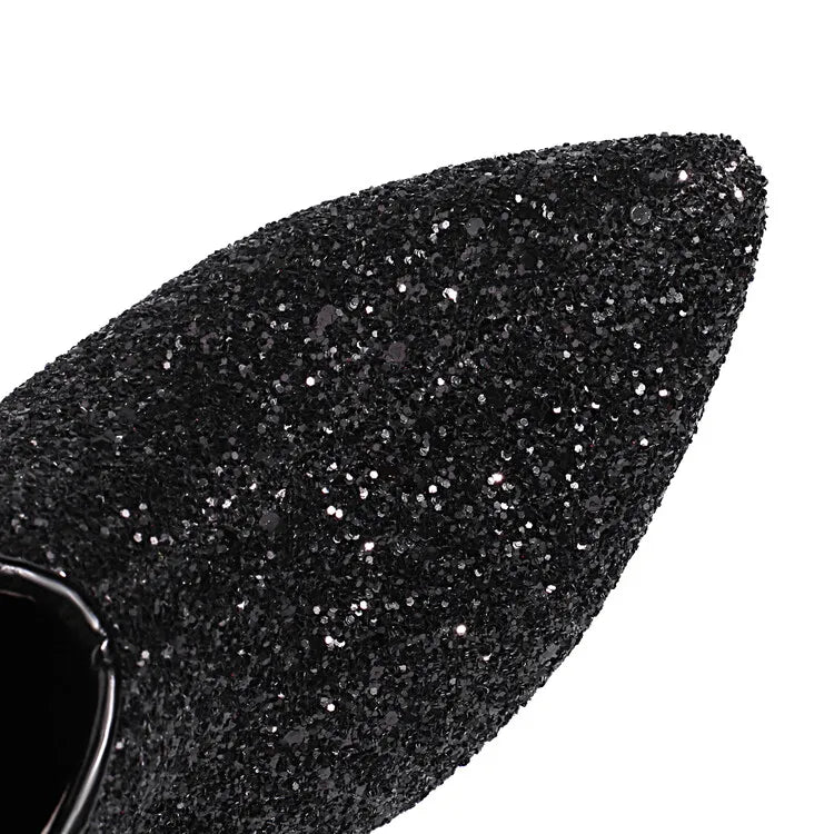 New Blingbling Pointed Toe Women Chunky Spike Heel Sequins Ankle Boots V Open Slip On Spike Heel Pointy Sequined Boots Size 43