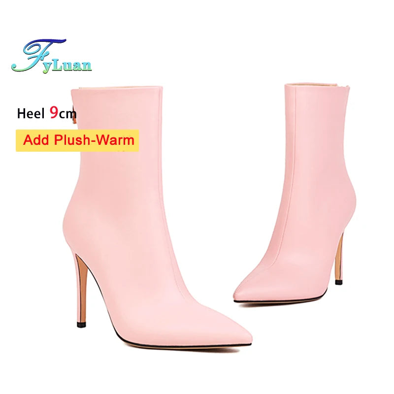 Elegant Plus Size Leather Pointed Toe High Heel Ankle Boots for Women