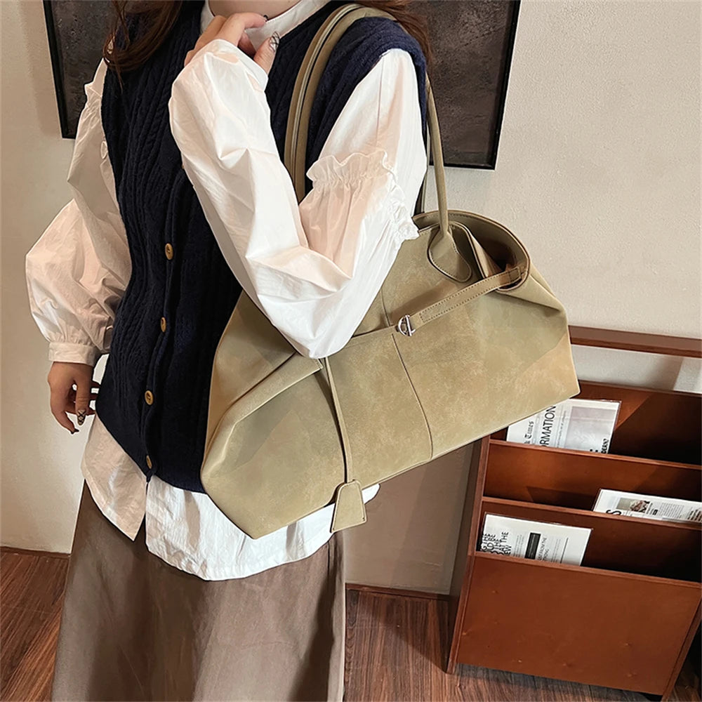 Luxurious Faux Suede Pure Color Retro Shoulder Tote Bag for Women