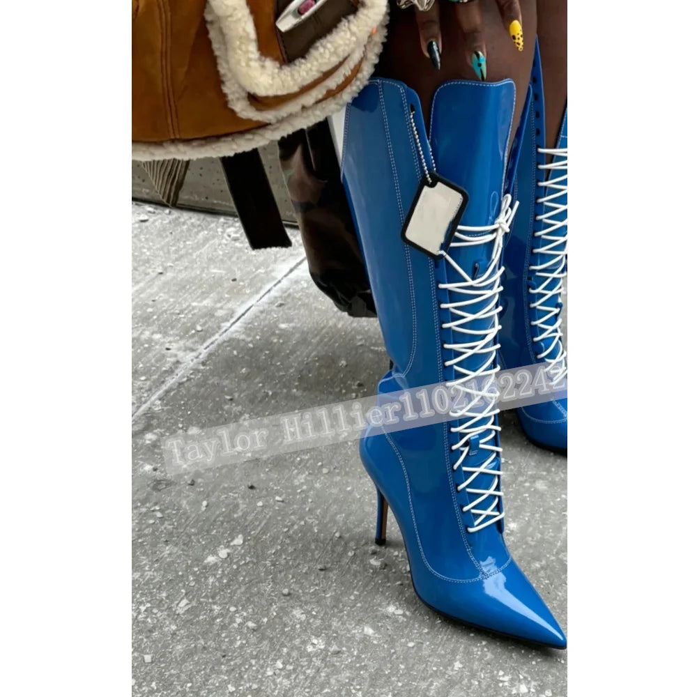 Rose Pink Patent Leather Knee High Stiletto Boots for Women