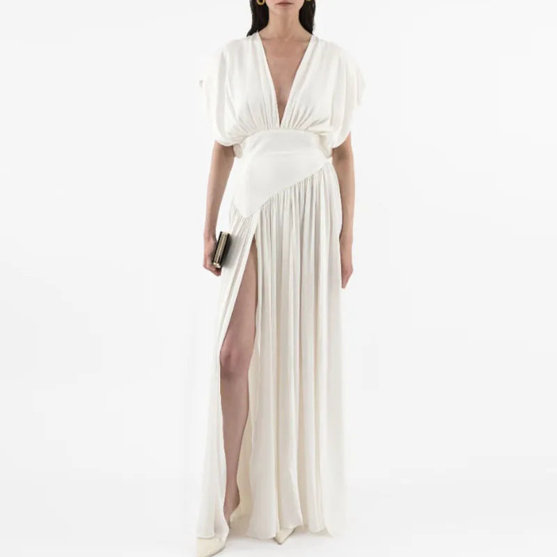 Deep V Sleeveless Pleated Satin High Waisted Evening Dress for Women