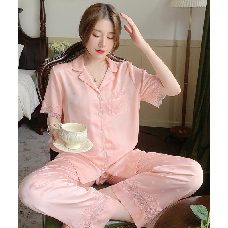 Y2k Pink Sweet Dot Lace Jacquard Women Pajamas French Romantic Lazy Lady Nightgown 2024 New Summer Korean Harajuku Home 2pc Set