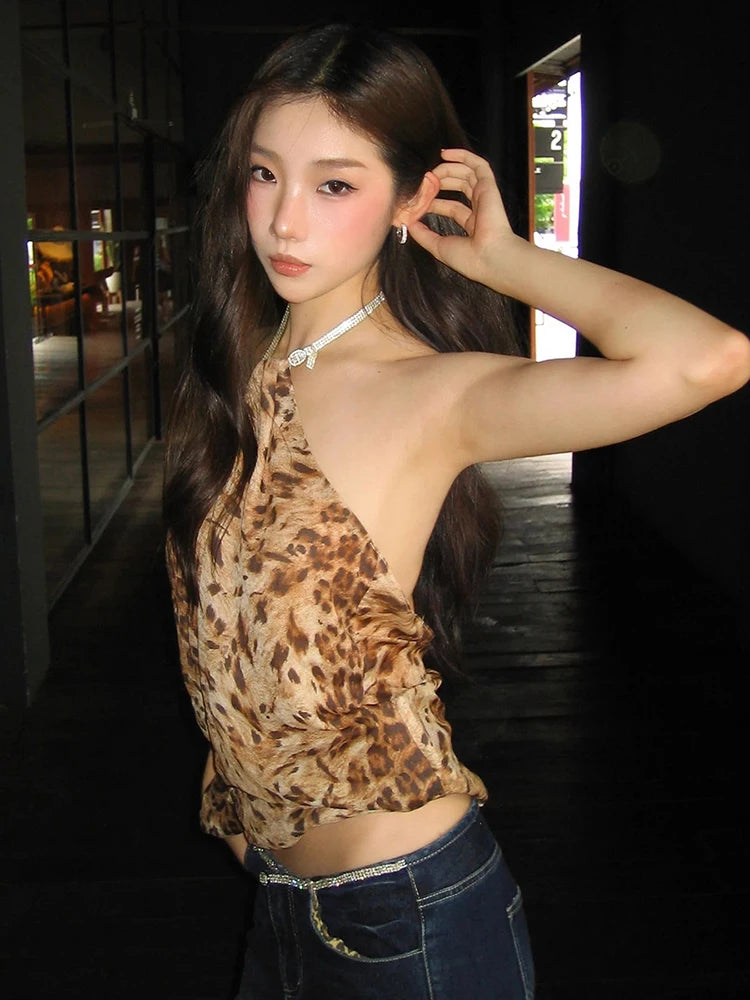 Backless Lace-Up Leopard Halter Top