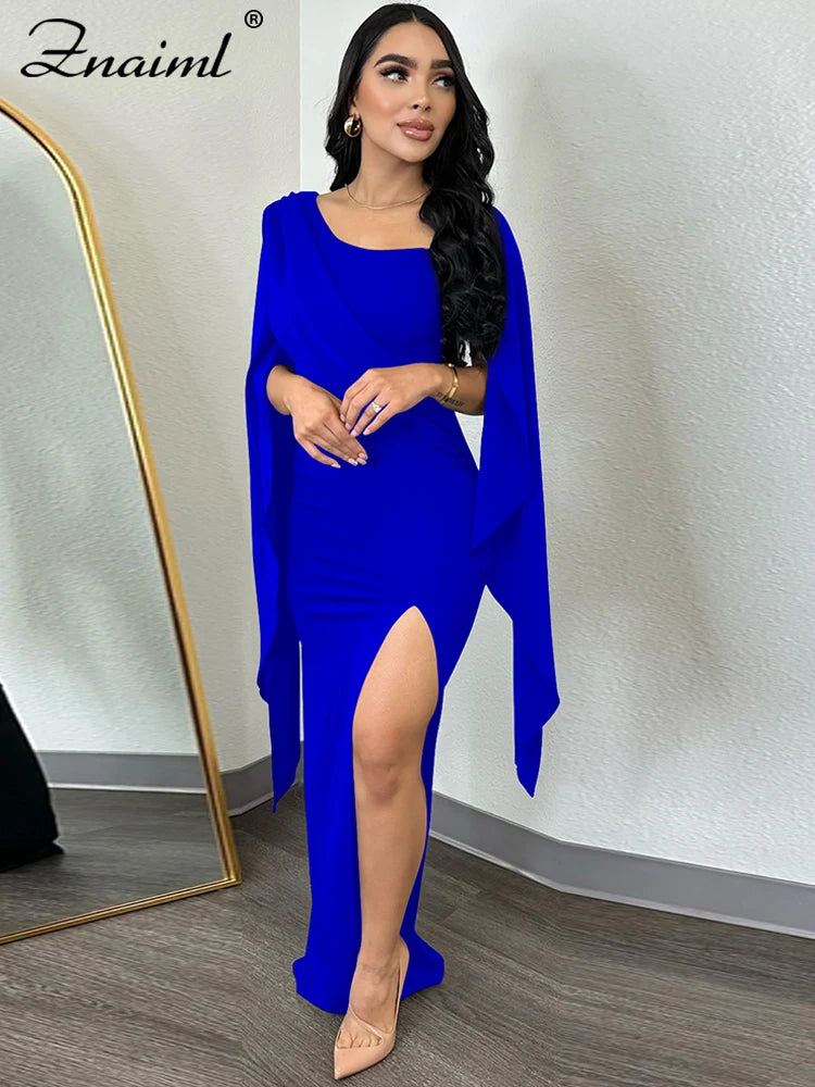 Znaiml Elegant Flare Sleeve Celebrity Nightclub Maxi Long Dresses for Women Sexy High Split Evening Party Prom Birthday Vestidos