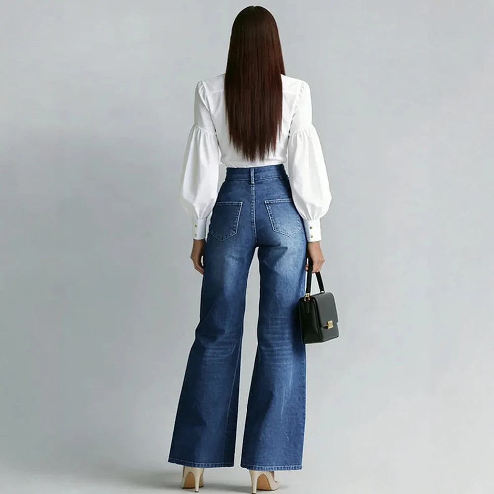 Vintage High Waist Wide Leg Flared Denim Jeans For Women