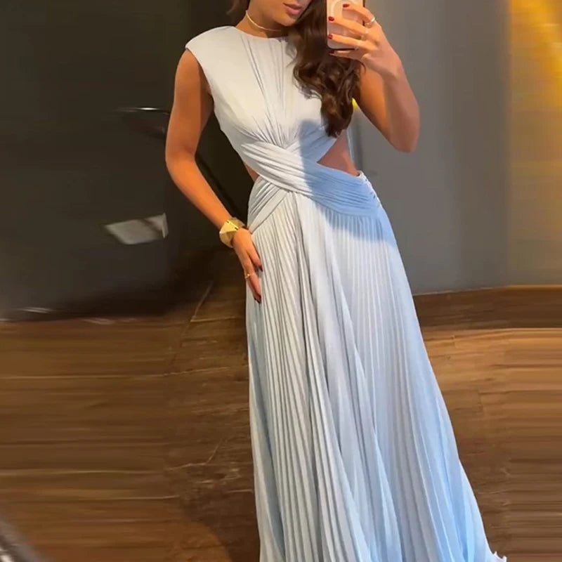 Elegant Backless Cross Pleated Maxi Dress for Women