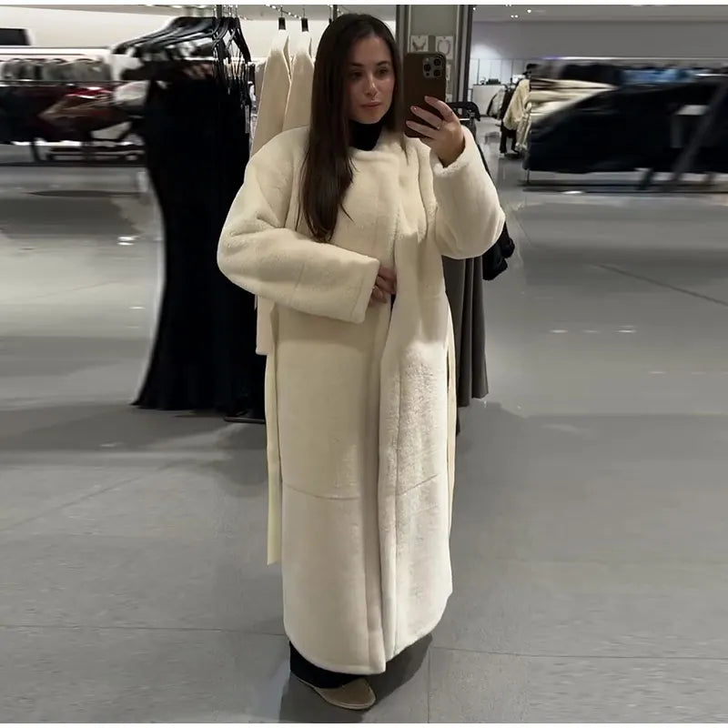 Lace Up Elegant White Faux Fur Long Coat for Women