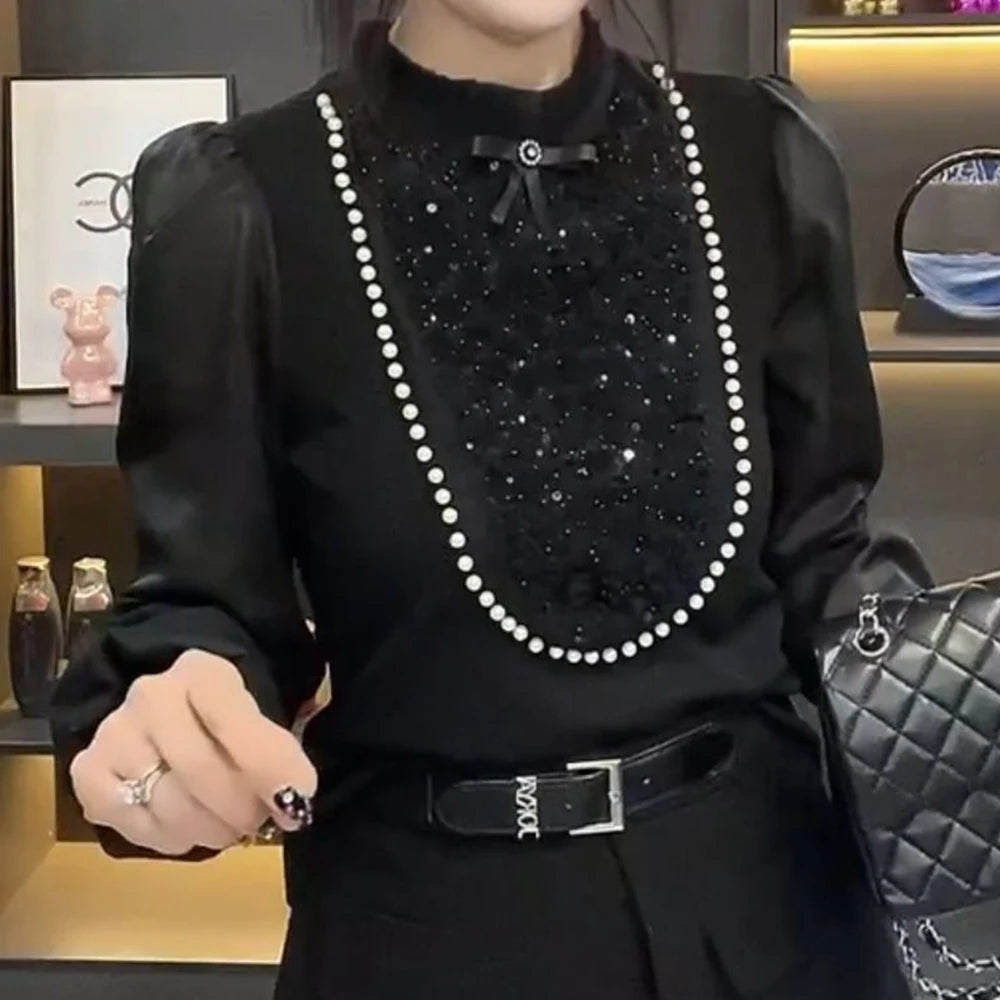 Beaded Long Sleeve O Neck Versatile Blouse For Women
