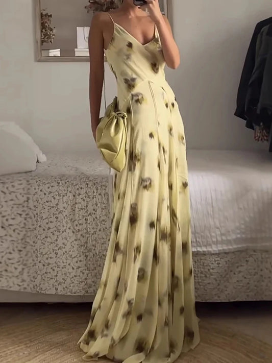 Beach Sleeveless Pleated Banquet Dress Club Party V Neck Ladies Sexy Dress New 2025 Floral Print High Waist Suspender Maxi Dress