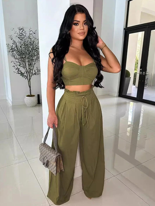Znaiml Fashion Two 2 Piece Pants Sets Women Clothing Strap Sleeveless Top and Wide-leg Pants Elegant Streetwear Matching Suit