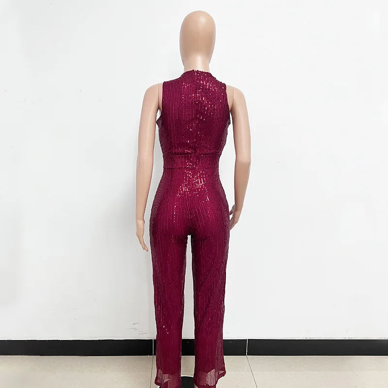 Elegant Silver Sequined Straight Cut Jumpsuit for Women