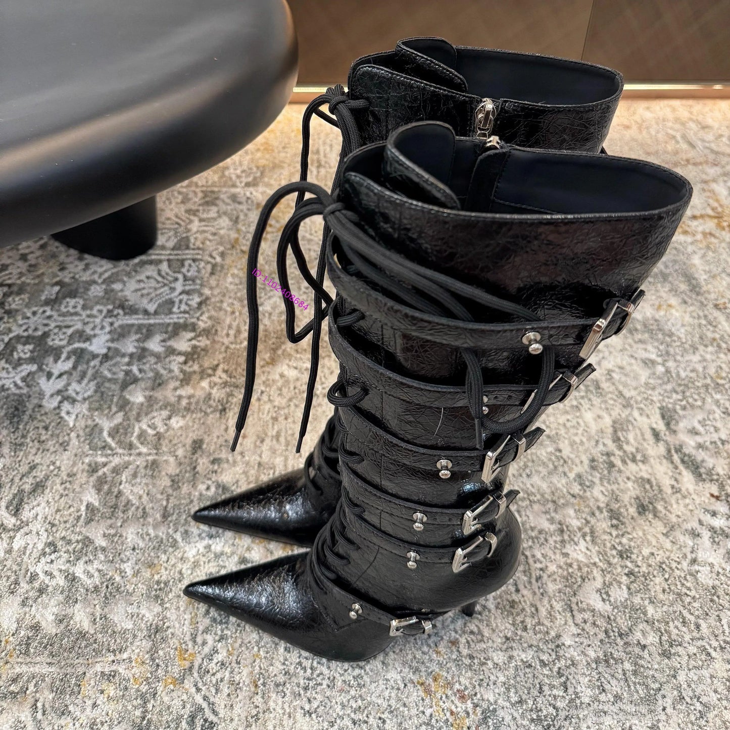 Pointed Toe Belt Strap Lace Up Fur Lined Knee Boots For Women