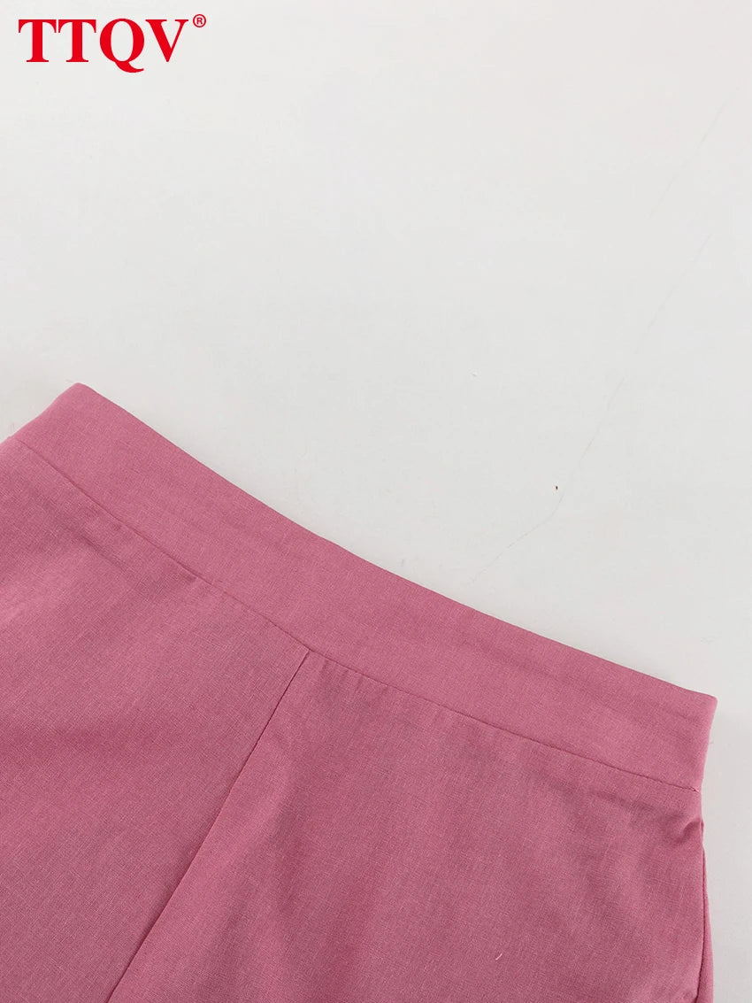 Loose Pink Cotton Shirt and Wide Leg Pants Set for Women