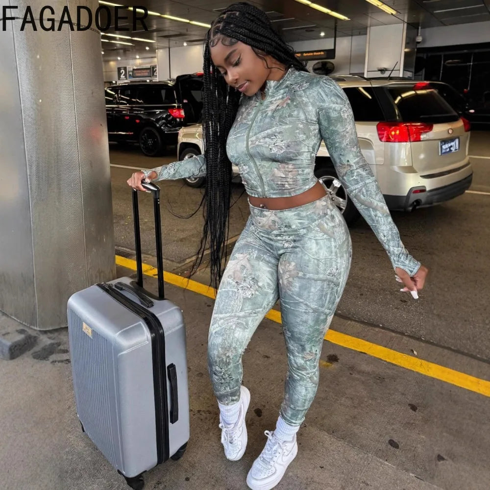 FAGADOER Y2K Fashion Pattern Printing 2 Piece Sets Woman Outfit Long Sleeve Zip Crop Top + Pants Matching Suit Female Streetwear