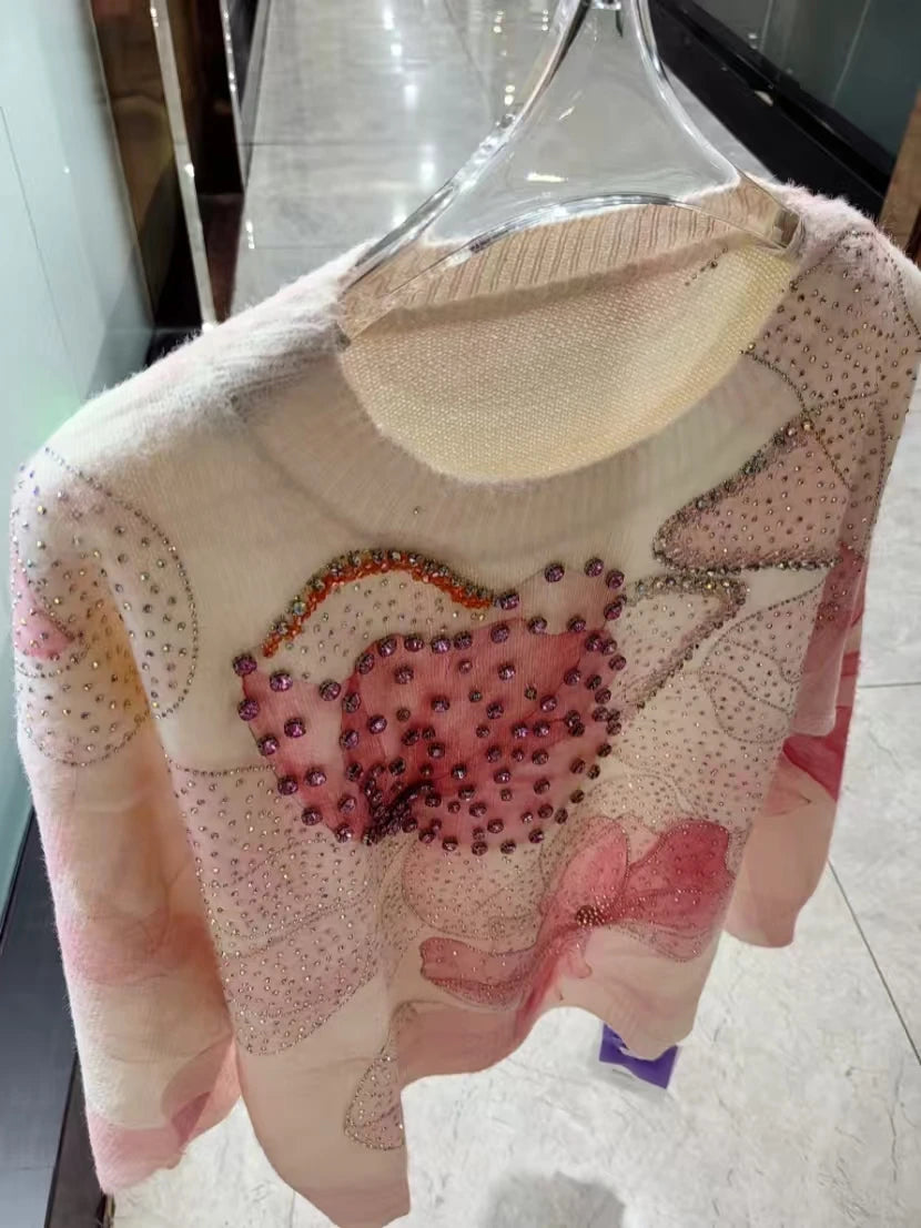 Real Photos Sparkling Stones Stitch Sweater for Women Autumn/Winter 2025 New Trend Outwears Knitwear Pullovers Female Clothing