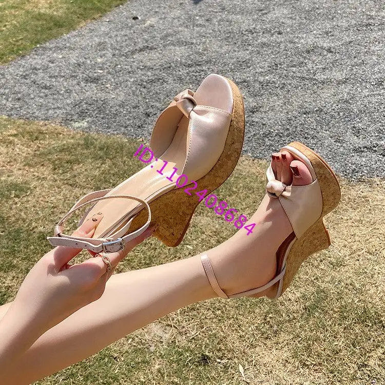 Summer Satin Peep Toe Slingback Wedge Platform Bow Sandals for Women