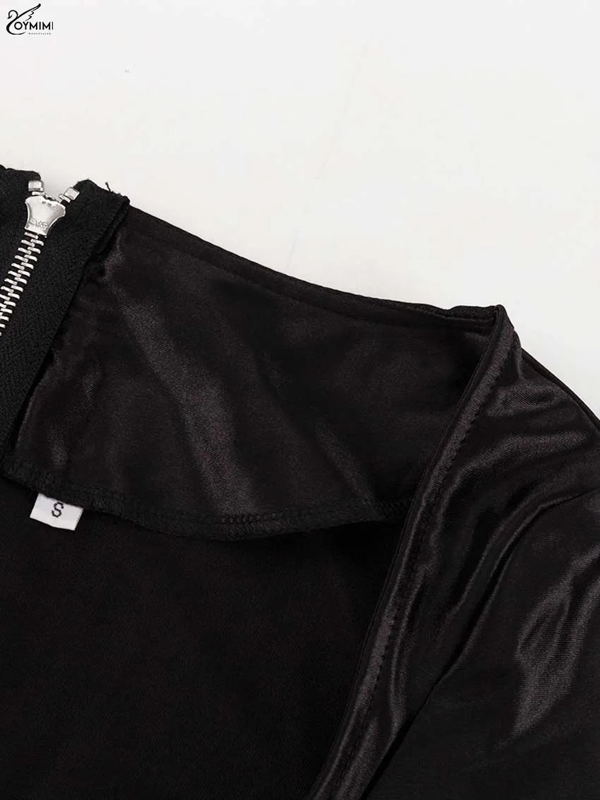 Oymimi Fashion Black Satin 2 Piece Sets Woman Outfits Elegant Long Sleeve Patchwork Zipper Crop Tops And Pleated Mini Skirts Set