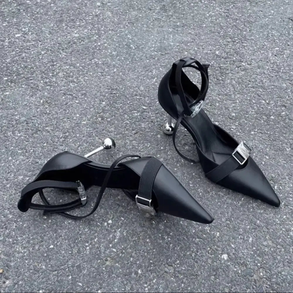 Black Strappy Metallic Sphere Pumps